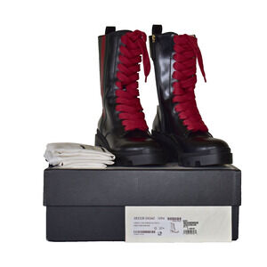 B50 Auth GUCCI Magnum Calf Cirano Lux Black/Red Lace Up Side Zip Boots Size 37.5